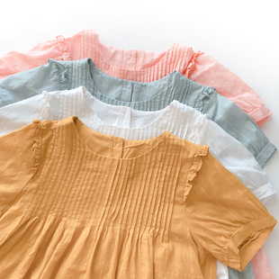 夏季娃娃衫 气质风琴褶设计 背后纽扣宽松圆领短袖衬衫女上衣