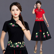 中国风春夏女装民族风，女装上衣复古立领，打底衫短袖t恤棉修身