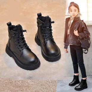 女童马丁靴2023冬季英伦风加绒，黑色短靴子，软底儿童皮靴男童鞋