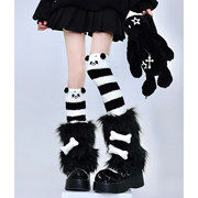 自制黑色毛毛腿套亚文化朋克骨头元素y2k叠穿熊猫条纹保暖过膝袜