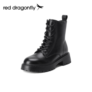 红蜻蜓马丁靴女2023冬季短靴加绒厚底增高靴子英伦风黑色百搭女靴