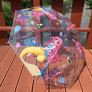 透明儿童雨伞自动长柄美人鱼，卡通消防车男女，小孩幼儿园公主晴雨伞