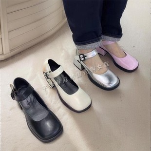 2024韩国女鞋厚底玛丽珍鞋连衣裙，方头粗跟一字带扣气质风单鞋