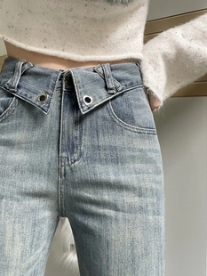 小个子美式高街微喇叭牛仔裤女150cm高腰翻边设计感显瘦长裤xs秋