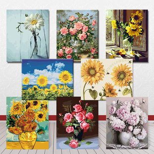 diy数字油画客厅花卉植物风景手工绘数码油彩填色大幅客厅装饰画