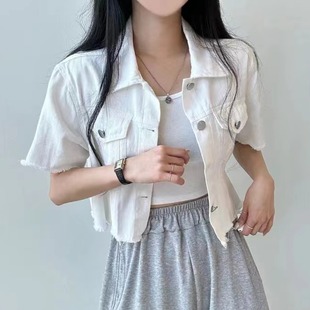韩国chic夏季港味复古毛边短款牛仔衬衫女小个子，短袖开衫外套上衣