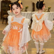 女童汉服民族中国中秋节女童灯会，玉兔发光灯笼，裙儿童洛丽塔公主裙