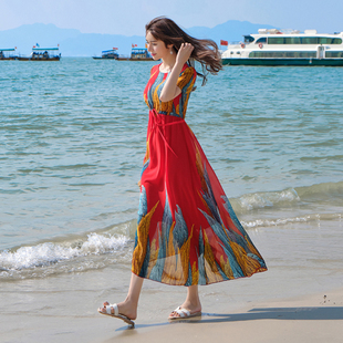 雪纺连衣裙2023女装长裙，超仙民族风气质显瘦海边度假沙滩裙