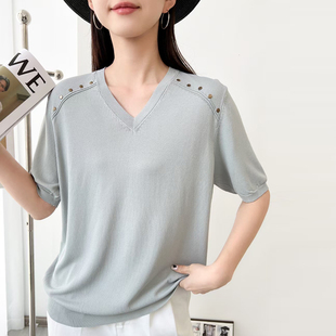 简约气质V领设计感铆钉套头短袖针织衫女士夏季韩版宽松百搭上衣