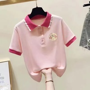 女童polo衫短袖2024夏季儿童，翻领t恤中大童撞色网红半袖上衣