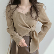 韩国chic秋季复古显瘦方领不规则系带不规则，设计宽松长袖衬衫上衣