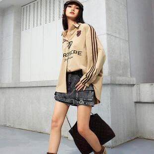 拓谷嘻哈chic复古长袖衬衫初秋字母印花宽松开衫外套中长款上衣女