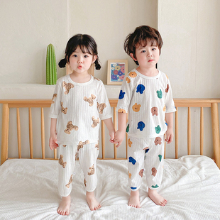 儿童家居服夏季薄款七分袖，宝宝睡衣套装a类，纯棉中小童卡通空调服