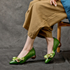 春季真皮女鞋绿色民族风，花朵文艺浅口单鞋，舒适百搭中跟四季鞋