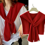 针织毛线小披肩女大红色护颈椎，交叉外搭肩衬衫，秋冬季空调房薄围巾