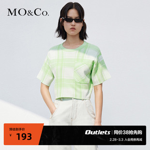 moco奥莱方形口袋圆领，格纹修身设计感薄款短袖针织
