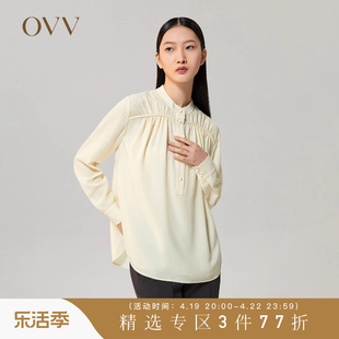 OVV秋冬女装亚麻醋酸混纺干爽舒适小立领长袖休闲衬衫