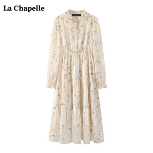 拉夏贝尔/La Chapelle立领碎花连衣裙女春季气质中长款雪纺裙