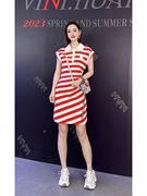 韩版时尚红色条纹连衣裙子女夏季设计感小众修身显瘦a字裙小个子