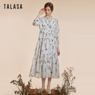 talasa2024夏季长袖连衣裙丝棉印花薄款百褶气质收腰显瘦裙子