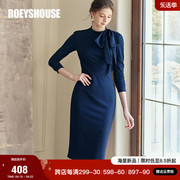 罗衣优雅系带领针织连衣裙，2023秋冬时尚深蓝色，修身裙子09438