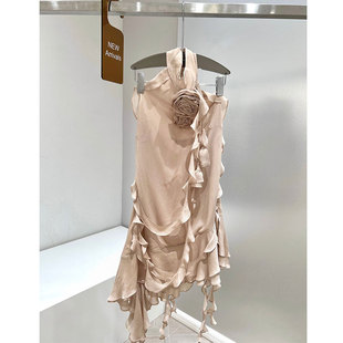 RICH欧洲站小众高级感法式真丝玫瑰花设计裙子感飘带挂脖连衣裙潮
