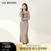 lilybrown秋冬款复古挂脖修身撞色系带连衣裙lwno234172