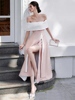 越南设计师小众粉白色撞色开叉，不规则小礼服大摆一字肩优雅连衣裙