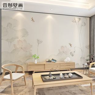 现代新中式手绘荷花电视背景，墙布5d客厅，沙发背景墙装饰壁纸壁画