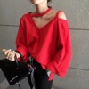 2023春韩版大码女装常规款T恤锁骨露肩挂脖性感卫衣宽松显瘦气质