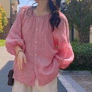 法式粉色圆领棉麻衬衫女夏季高级感泡泡袖衬衣设计感小众防晒上衣