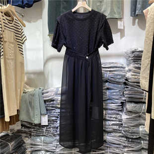 欧洲站重工烫钻短袖t恤裙+中长款网纱半身裙，高级感气质黑色连衣裙
