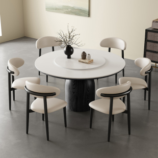 法式复古风圆形岩板餐桌椅组合实木简约现代黑色家用意式圆饭桌子