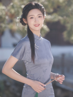 灰色提花缎旗袍2023年夏季老上海复古风优雅气质高级感名媛连衣裙