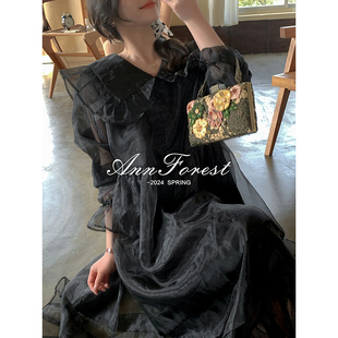 法式黑色欧根纱，优雅宫廷连衣裙安妮森林2024年春季仙气大码裙