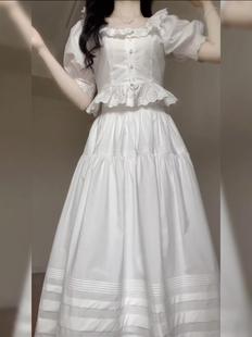 大码甜美减龄木耳刺绣花边白色，套装女夏季遮肉显瘦上衣半裙两件套