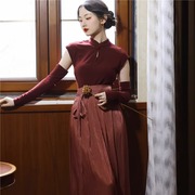 法式复古酒红色气质连衣裙子夏季女套装新中式国风改良旗袍马面裙