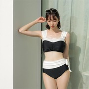 韩国比基尼性感露背高腰遮肚显瘦黑白拼色时尚腰带分体泳衣女