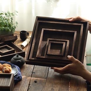 日式复古正方形烧桐木托盘实木质，家用木制餐盘，果盘茶盘点心收纳盘