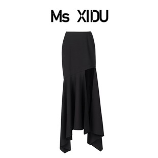 Ms XIDU 暗黑系设计感黑色不规则半身裙春夏款街拍荷叶边高腰女裙