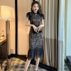 新中式黑色蕾丝连衣裙优雅独特小众，设计感气质名媛，短袖不规则裙子