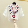 复古刺绣花朵圆领泡泡袖，白衬衫女2024夏季中式国风气质休闲衬衣潮