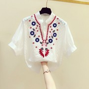 复古刺绣花朵圆领泡泡袖白衬衫女2023夏季韩版气质休闲衬衣潮
