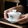 御泉德化白瓷手绘荷花青花三才盖碗单个陶瓷小茶碗不烫手带盖茶具