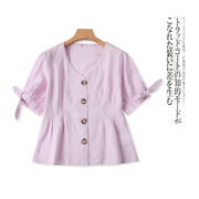 亚麻小衫夏季女装时尚，简约v领短袖系带，单排扣显瘦衬衫23953