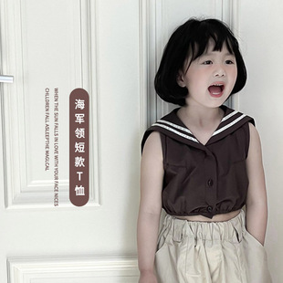 女童森系设计感短款无袖，t恤韩范儿童女，宝宝夏装甜美韩系上衣洋气