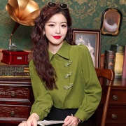 新中式国风盘扣绿色雪纺衬衫，女春装2024高级感polo领长袖上衣
