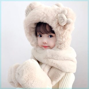 儿童小熊帽子围巾手套一体2023秋冬季男孩冬天女童可爱男亲子