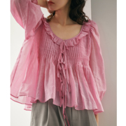 VIMIE春夏衬衣法式宽松苎麻粉色衬衫女士灯笼袖纯色套头上衣