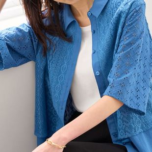 日本24春夏女装蕾丝拼接镂空五分袖，衬衫式外套3色有大码m-3l
